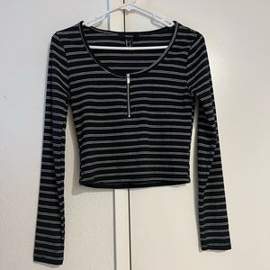 White and Black Striped Zip Top